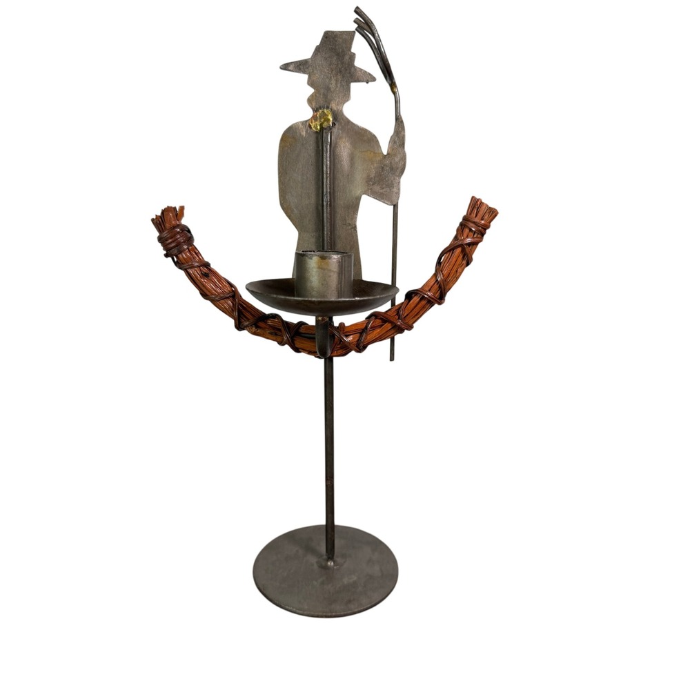 Handmade Metal Farmer Silhouette Candle Holder Rustic Folk Art Pitchfork Decor
